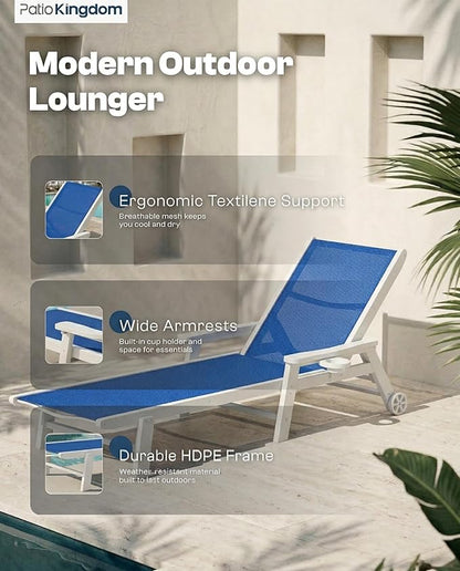 Patio Chaise Lounge Chair with Wheels & Cup Holder, HDPE Textilene Outdoor Lounge Chair 5 Positions Adjustable for Poolside Deck Patio Backyard (2, White Frame, Royal Blue Textilene)