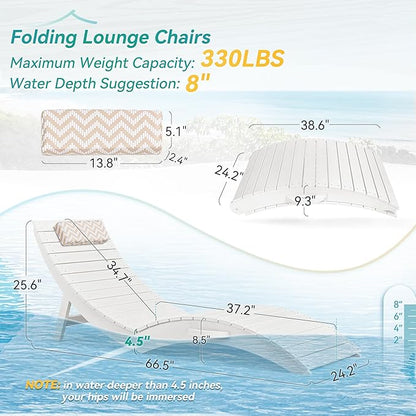 Folding Pool Lounge Chairs Set of 2, Pre-Assembled HDPS Anti-Floating Lounge Chair with Headrest for in-Pool Use(Max Depth 8-Inches), Ideal for Hotel, Poolside, Beach & Sun Decks, White