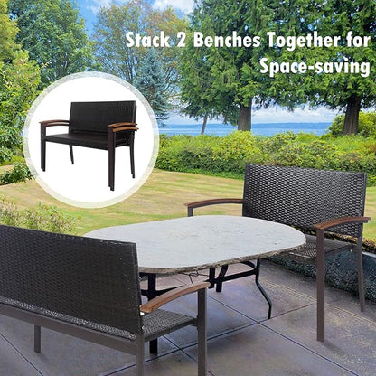 Tangkula Outdoor Stackable Bench, All-Weather PE Wicker Loveseat with Acacia Wood Armrests, 2-Person Heavy Duty Metal Frame Patio Bench, for Garden, Front Porch, Courtyard