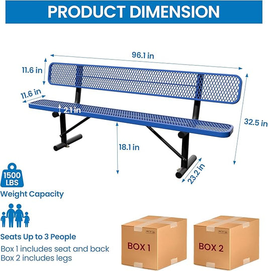 8 Feet Steel Park Bench for Outside, Outdoor Bench with Backrest & Portable Frame, Commercial Benches for Shopping Malls, Stores, Parks, Patios, Decks, Dark Blue