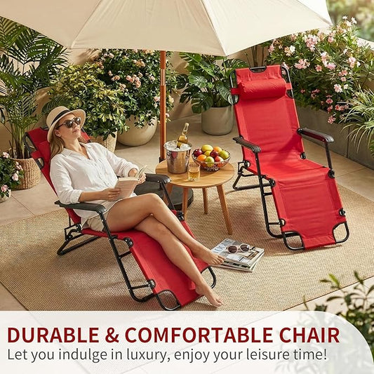 Outvita Folding Chaise Lounge Chair, Outdoor Adjustable Recliner Chair with Pillow for Camping, Beach, Poolside, Garden, Backyard, Lawn