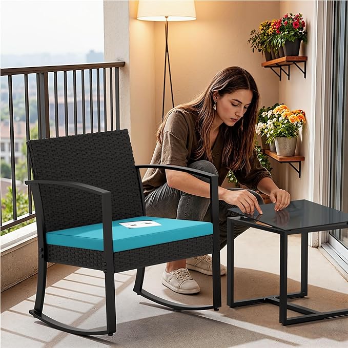 Homall Patio Furniture Set 3 Piece Resin Outdoor Bistro Set Rocking Patio Chairs with Cushions and Table for Porch, Poolside, Balcony and Yard (Blue)