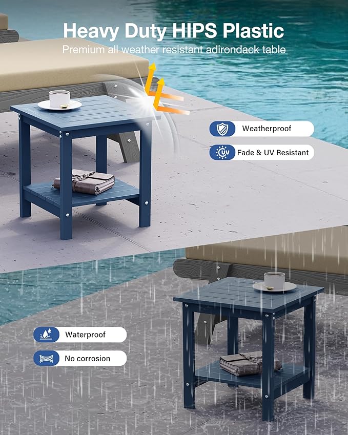 YEFU Outdoor Side Table for Patio: 16x16 in HIPS Square Outdoor End Table - 2-Tier Adirondack Tables for Patio Porch Poolside Living Room Beach Bedroom, Navy