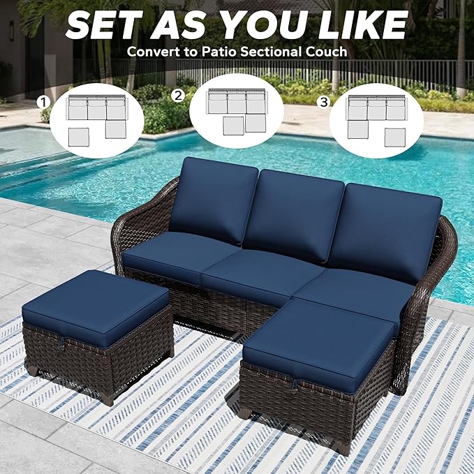 3 Pieces Patio sectional Sofa Set, Outdoor Conversation Furniture Set, 78" 3-Seat Couch with 2 Ottomans, 47" Metal Coffee Table, Rattan Wicker Sofa with Washable Cushions (Navy Blue)