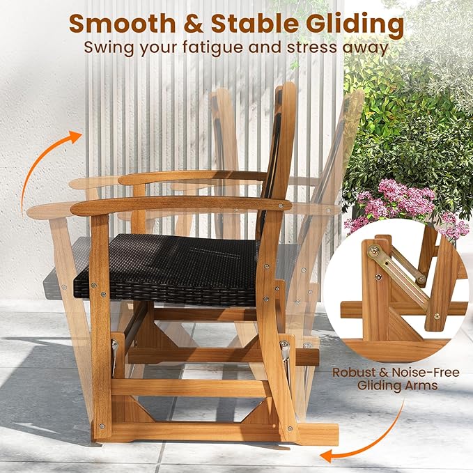 RELAX4LIFE Wooden Outdoor Glider Bench - 2-Person Wicker Rattan Swing Gliding Rocker Chair w/Acacia Wood Armrests, Wicker Back & Seat, Rocking Patio Loveseat for Porch Backyard Pool Garden (45.5'')