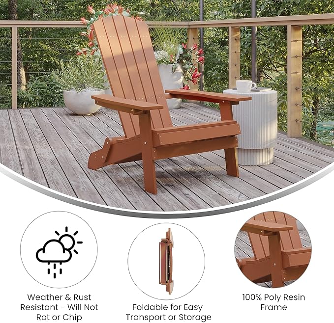 Flash Furniture Charlestown Folding Adirondack Chair - Red - Poly Resin - Indoor/Outdoor - Weather Resistant - Set of 2