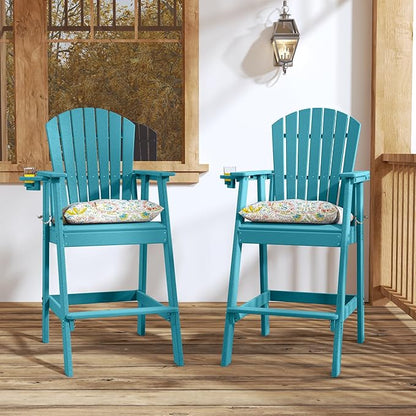 Sundale Outdoor Adirondack Bar Chairs Set of 2, Patio HDPE Bar Stools with Backrest, 30 Inch Seat Height Bistro Tall Dining Counter Barstools with Cushion, All-Weather Pub Height Chairs, Turquoise