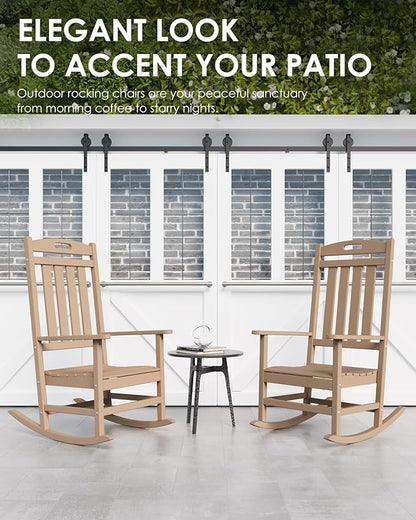 Outdoor Rocking Chair, All-Weather Resistant Poly Lumber Rocker Chair Outdoor, High Back Plastic Patio Rocking Chairs for Outside Porch Rocker Garden Lawn, Weather Wood