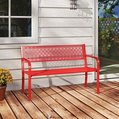 Tangkula 50 Inches Outdoor Garden Bench, Metal Patio Park Bench with Geometric Lattice Backrest, Armrests and Slatted Seat, Outdoor Loveseat Chair for Porch, Lawn and Yard (Red)