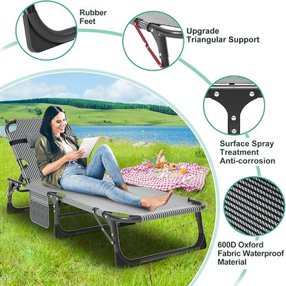 LILYPELLE Folding Outside Chaise Lounge Chair with Mattress, 5 Position Adjustable Patio Reclining Chairs Perfect for Outside, Sunbathing, Camping, Pool, Beach, Cool Blue