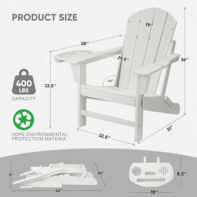 FOOWIN Folding Adirondack Chair Set of 2, HDPE Adirondack Chairs with Cup Holder, Weather Resistant Plastic Fire Pit Chairs for Outdoor, Patio, Lawn, Garden, Backyard, Deck, White