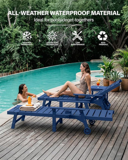 YEFU Lounge Chair Outdoor Set of 4: Outdoor Chaise Lounge with 5-Level Adjustable Backrest, Cup Holders & Wheels, All-Weather Resistance Chaise Lounge for Outside/Patio/Beach/Deck, Navy Blue