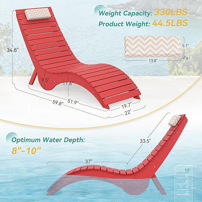 Pool Lounge Chairs - Anti-Floating HDPS Design for Pools & Backyard Sun Decks, Weighted Pool Chairs and Lounges for Poolside or Outside, Includes Headrest, Bright Red