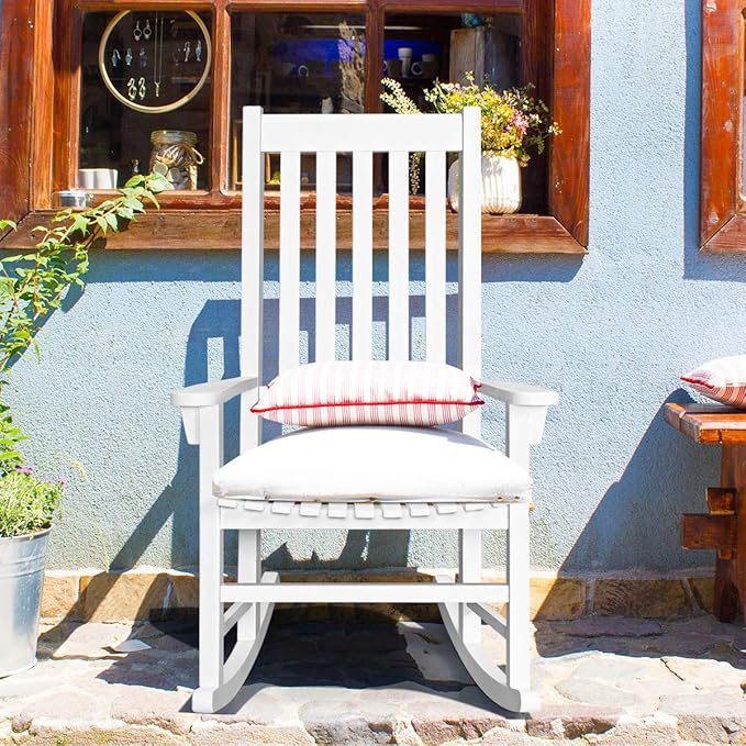 LDAILY Moccha Outdoor Rocking Chair, Acacia Wood Frame, Porch Rocker for Garden, Lawn, Balcony, Backyard and Patio (1, White)