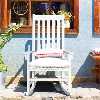 LDAILY Moccha Outdoor Rocking Chair, Acacia Wood Frame, Porch Rocker for Garden, Lawn, Balcony, Backyard and Patio (1, White)