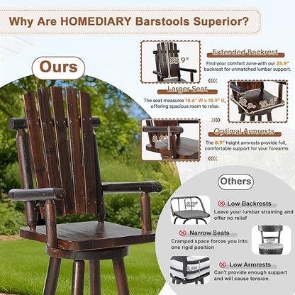 HOMEDIARY Outdoor Solid Wood Swivel Bar Stool, Oversized Rustic Patio Log Bar Height Chair with High Back and Footrest, 29.9" Adirondack Bar Chair for Deck Pub Garden, 500 LBS Capacity, Carbonized