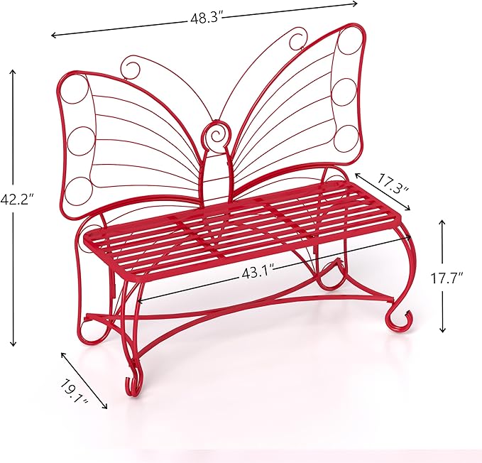 Outdoor Bench Patio Outdoor Garden Bench Butterfly Cast Iron Metal Patio Bench, Outdoor Chair Slatted Seat and Butterfly Pattern Backrest for Outside, Front Porch, Park, Lawn, Backyard and Balcony