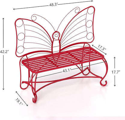 Outdoor Bench Patio Outdoor Garden Bench Butterfly Cast Iron Metal Patio Bench, Outdoor Chair Slatted Seat and Butterfly Pattern Backrest for Outside, Front Porch, Park, Lawn, Backyard and Balcony