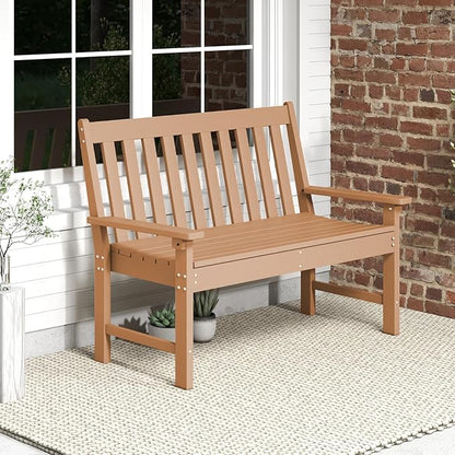 Tangkula HDPE Outdoor Garden Bench with Backrest, 2-Person All-Weather Patio Loveseat Chair with Slatted Seat, 705 lbs Weight Capacity, Patio Benches for Balcony, Garden, Porch, Backyard & Park, Brown