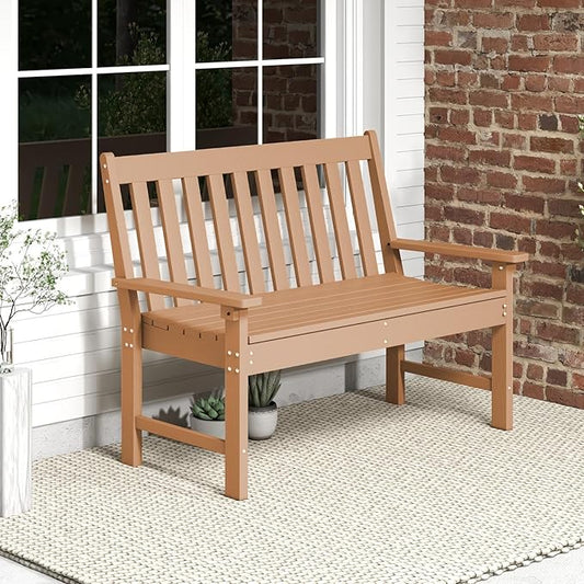 Tangkula HDPE Outdoor Garden Bench with Backrest, 2-Person All-Weather Patio Loveseat Chair with Slatted Seat, 705 lbs Weight Capacity, Patio Benches for Balcony, Garden, Porch, Backyard & Park, Brown
