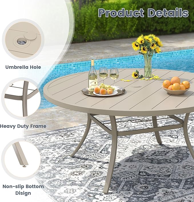 VICLLAX 50" Outdoor Round Patio Dining Table for 4-6, All Weather Metal Dining Table with Umbrella Hole for Deck Lawn Garden Backyard, Sandshell