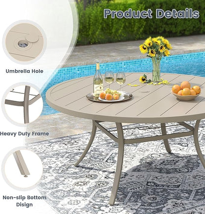 VICLLAX 50" Outdoor Round Patio Dining Table for 4-6, All Weather Metal Dining Table with Umbrella Hole for Deck Lawn Garden Backyard, Sandshell