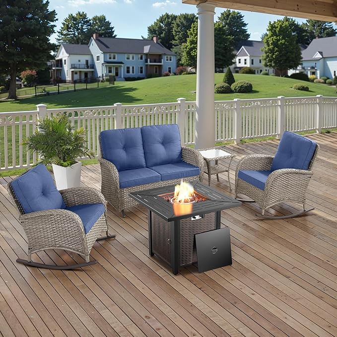 Belord 5 Piece Patio Furniture Set with 50000 BTU Propane Fire Pit Table, All-Weather Patio Rocking Chairs, Loveseat Glider and Side Table for Outdoor Conversation Deck Backyard Poolside