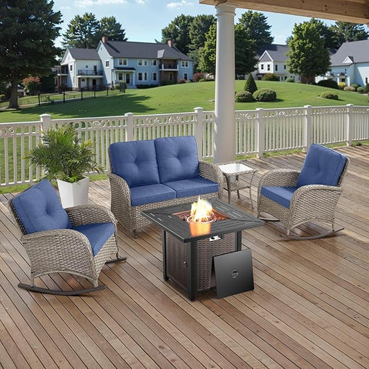 Belord 5 Piece Patio Furniture Set with 50000 BTU Propane Fire Pit Table, All-Weather Patio Rocking Chairs, Loveseat Glider and Side Table for Outdoor Conversation Deck Backyard Poolside