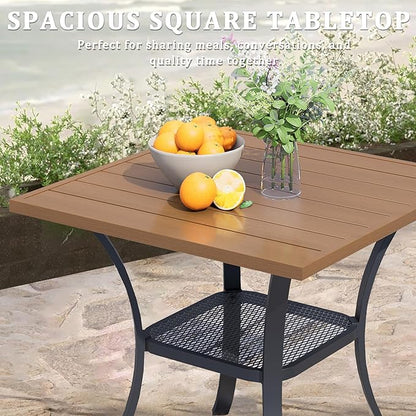 27.6" Square Outdoor Patio Table, All-Weather Metal Patio Table with Storage Shelf,Outdoor Dining Table for Lawn Garden Porch, Walnut