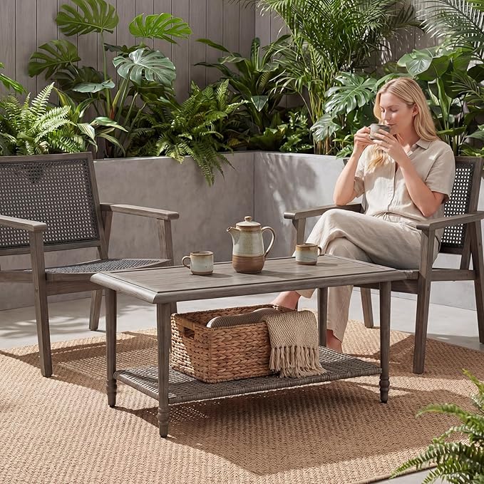 Outdoor Coffee Table Rectangular, Metal&Wicker Patio Table for Outside, Outdoor PE Wicker Coffee Table, All-Weather Coffee Side Table with Storage, Patio Furniture for Patio Balcony Porch (Brown)