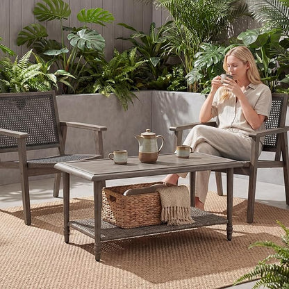 Outdoor Coffee Table Rectangular, Metal&Wicker Patio Table for Outside, Outdoor PE Wicker Coffee Table, All-Weather Coffee Side Table with Storage, Patio Furniture for Patio Balcony Porch (Brown)