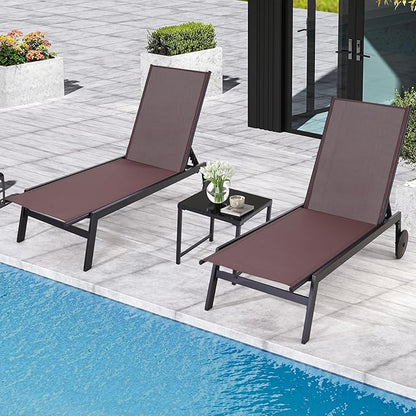 EROMMY Patio Chaise Lounge Chair Set of 2 with Table, Adjustable Backrest & Wheels, Waterproof Outdoor Poolside Recliners for Garden, Deck, Lawn, Backyard