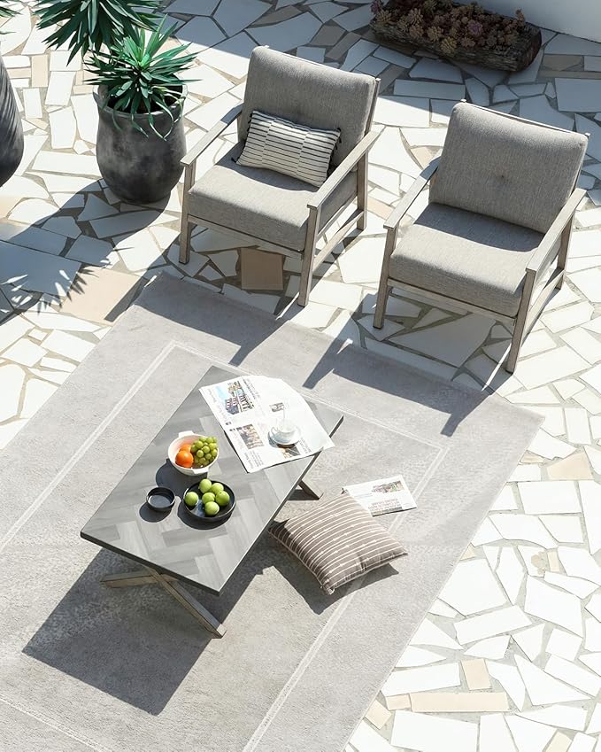Aluminum Patio Furniture Set, 3 Pieces Outdoor Patio Bistro Set with Washable Thick Cushions, All Weather Outdoor Conversation Sets with Coffee Table for Backyard, Balcony, Lawn, White Oak