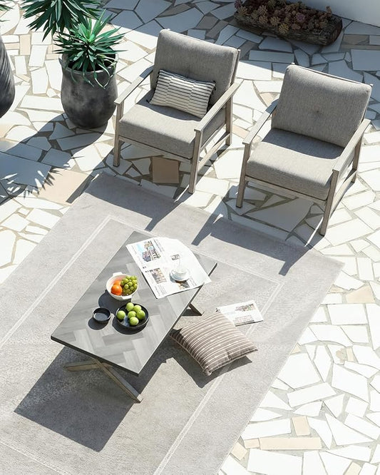 Aluminum Patio Furniture Set, 3 Pieces Outdoor Patio Bistro Set with Washable Thick Cushions, All Weather Outdoor Conversation Sets with Coffee Table for Backyard, Balcony, Lawn, White Oak