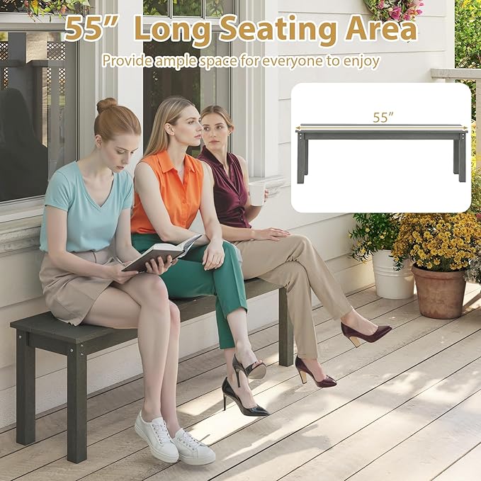 Giantex 55" HDPE Outdoor Bench, 2-3 People Weatherproof Backless Patio Garden Bench with 750 Lbs Capacity, Fade Resistant Outside Seating Furniture, Loveseat for Porch, Yard, Park (1,Grey)