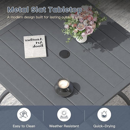 VICLLAX Outdoor Patio Dining Table for 4, Square Metal Table with Umbrella Hole and Storage Shelf for Garden, Lawn, Balcony, Deck, Dark Grey