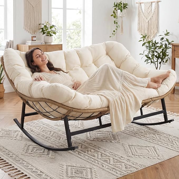 NICESOUL Oversized Double Rocking Papasan Chair with Thick Cushion, 2 Person Big Wicker Outdoor Comfy Recliner, Extra Large Heavy Duty Egg Loveseat for Patio, Balcony, Backyard, Garden, Beige