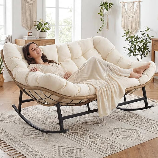 NICESOUL Oversized Double Rocking Papasan Chair with Thick Cushion, 2 Person Big Wicker Outdoor Comfy Recliner, Extra Large Heavy Duty Egg Loveseat for Patio, Balcony, Backyard, Garden, Beige