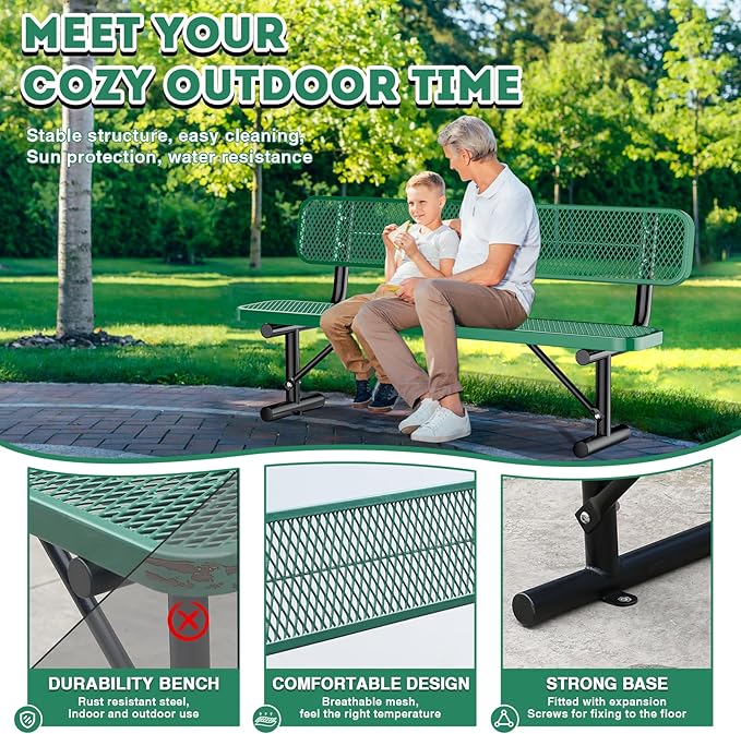 6Ft Outdoor Bench with Back Portable Frame, Outdoor Steel Park Bench with Backrest, Expanded Metal Mesh Bench for Outside, Lawn, Backyard, Park, Deck, Garden, Patio, Porch, Green
