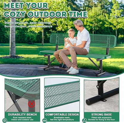 Heavy-Duty Park Bench for Outside - Black Coated Outdoor Furniture Steel Bench, Commercial-Grade Outdoor Benches Weatherproof for Park, Patio, Porch (Portable with Back, 4/6/8 Ft) (Green, 6FT)