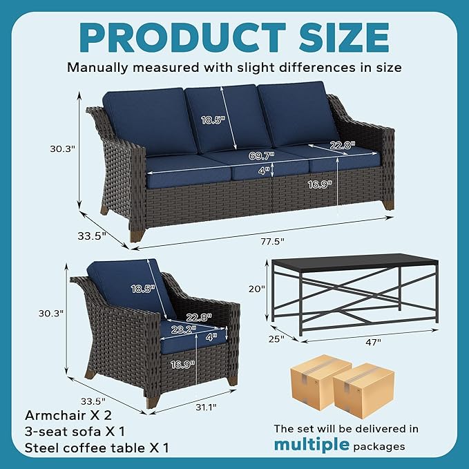 4 Pieces Outdoor Conversation Furniture Set - 77" Patio Sofa, 2 Wicker Armchairs, 1 Metal Coffee Table - Photo 2