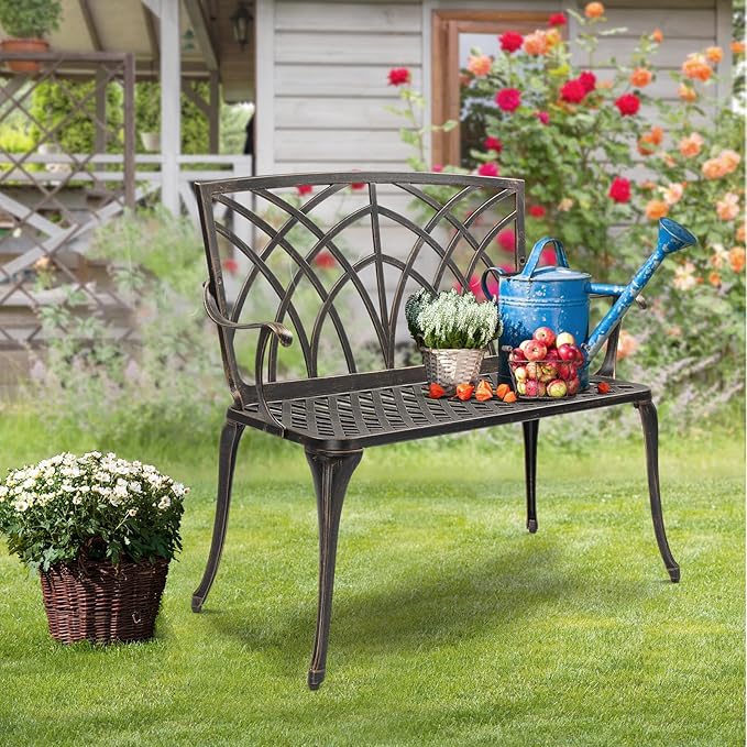 VINGLI 38" Outdoor Metal Bench, Cast Aluminium Garden Bench, Weatherproof Antique Finish Orchid Chair - Photo 7