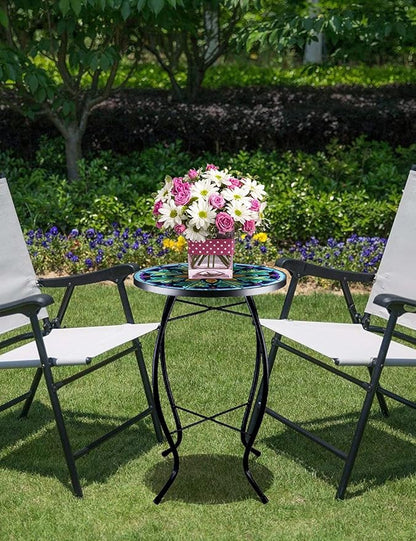 VCUTEKA Outdoor Side Table Mosaic End Table Patio Side Table Small End Table Glass Top Round Balcony Coffee Table Porch Indoor Glass Top