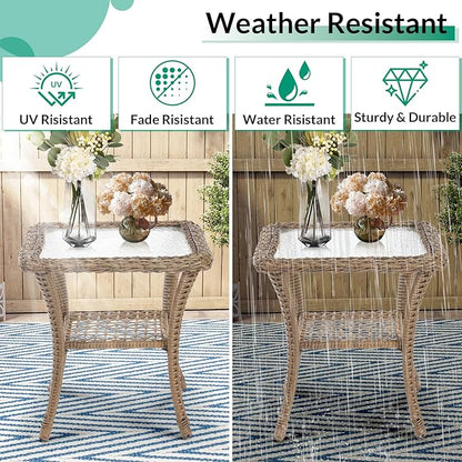 VIVIJASON Outdoor Wicker Side Table, All-Weather Rattan Patio Side Table Bistro Table with 2-Tier Storage, Tempered Glass Top Square End Table for Indoor, Balcony, Garden, Porch, Deck, Brown