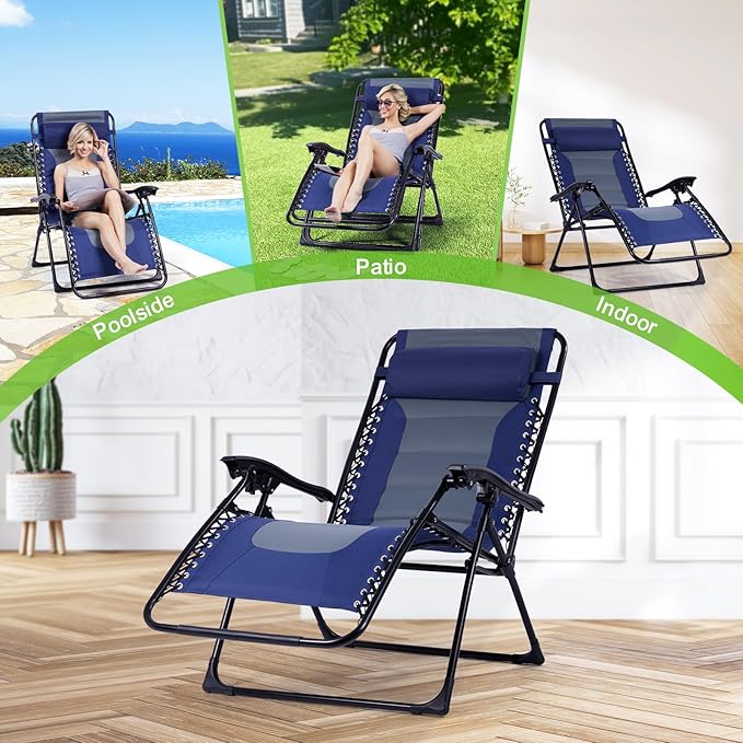 Backyard Expressions Deluxe XL Padded Recliner Zero Gravity Chair – Ergonomic Anti-Gravity Lounger with Folding Design, Side Tray, and Adjustable Headrest