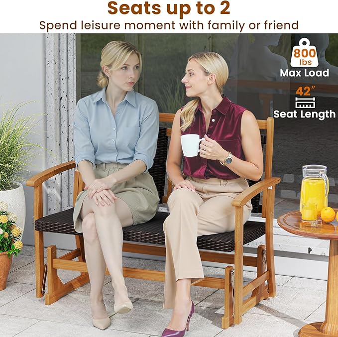 RELAX4LIFE Wooden Outdoor Glider Bench - 2-Person Wicker Rattan Swing Gliding Rocker Chair w/Acacia Wood Armrests, Wicker Back & Seat, Rocking Patio Loveseat for Porch Backyard Pool Garden (45.5'')