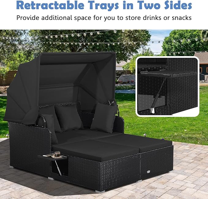 Tangkula Patio Rattan Daybed with Retractable Canopy, Outdoor Wicker Sunbed Lounger with 2 Foldable Side Tables - Photo 6
