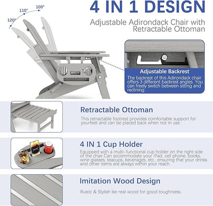 FOOWIN Adirondack Chair with Retractable Ottoman,HDPE Folding Adjustable Adirondack Chair w/4 in 1 Cup Holder Trays,All-Weather Resistant Fire Pit Chair for Outdoor Patio Lawn Set of 6