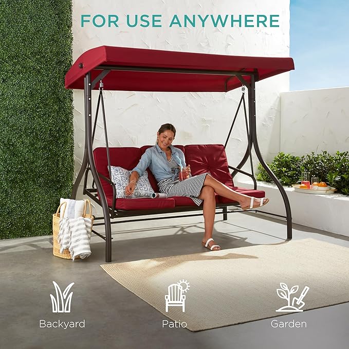 Best Choice Products 3-Seat Outdoor Large Converting Canopy Swing Glider, Patio Hammock Lounge Chair for Porch - Photo 6