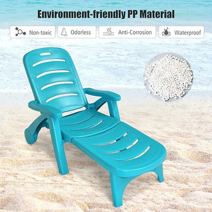 Moccha Folding Chaise Lounge Chair - Plastic Patio Lounger w/ 2 Rolling Wheels, 5-Adjustable Positions, Armrests, Outdoor Lounge Recliner for Poolside Yard Garden Sunbathing Beach Chair (2, Turquoise)